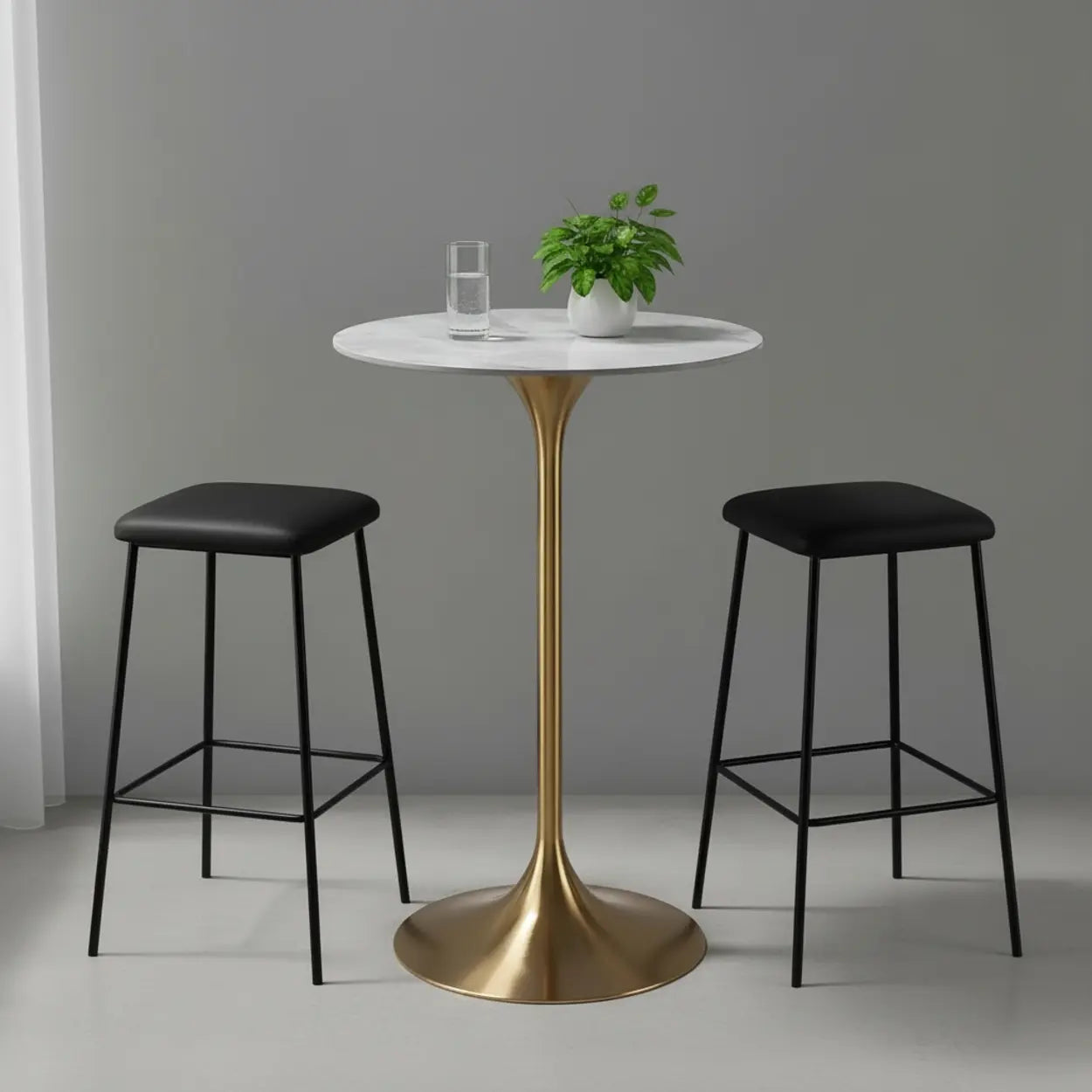 Modern Small Round Gold-Base Bar Table — White-Gray / Table Only