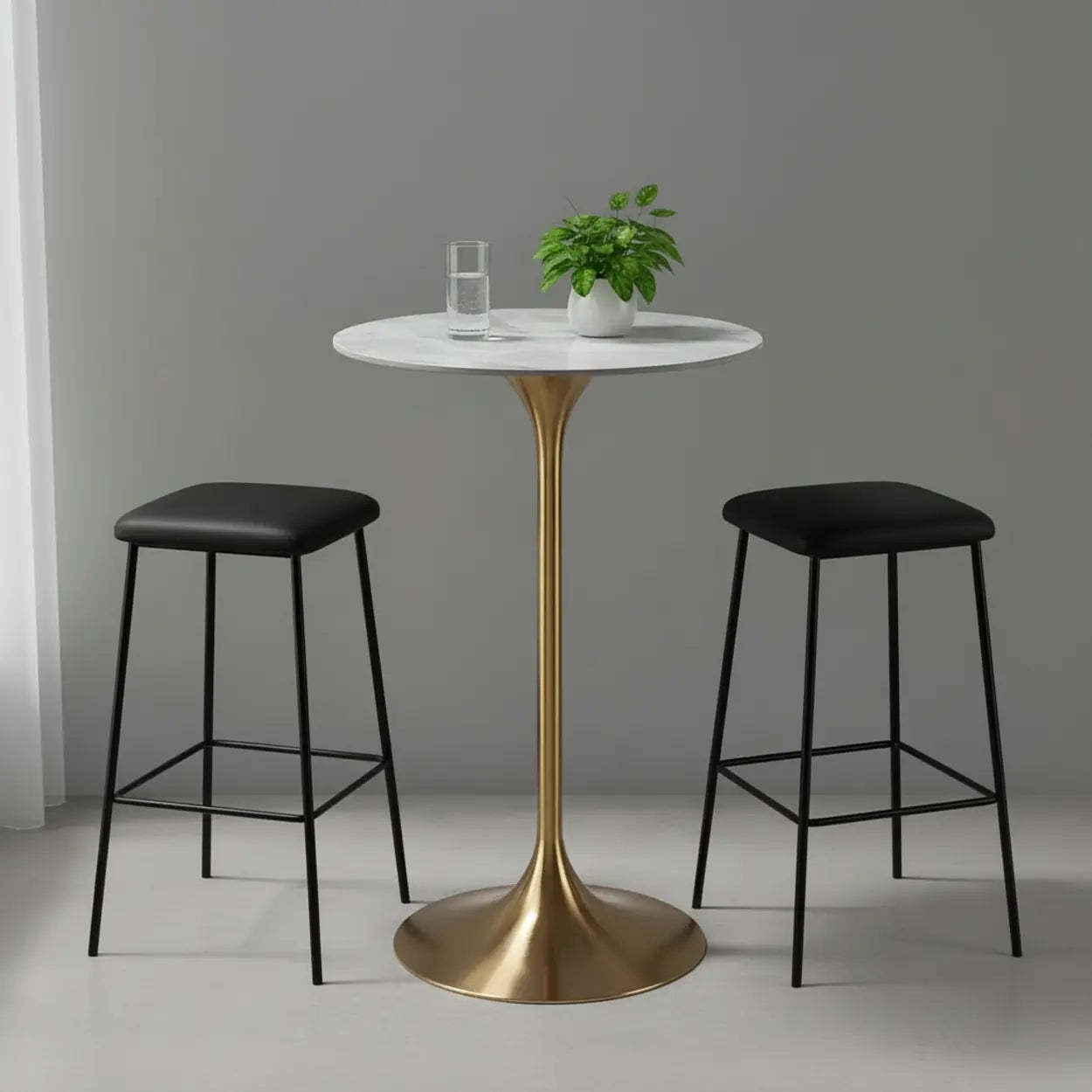 Modern Small Round Gold-Base Bar Table — White-Gray / Table Only
