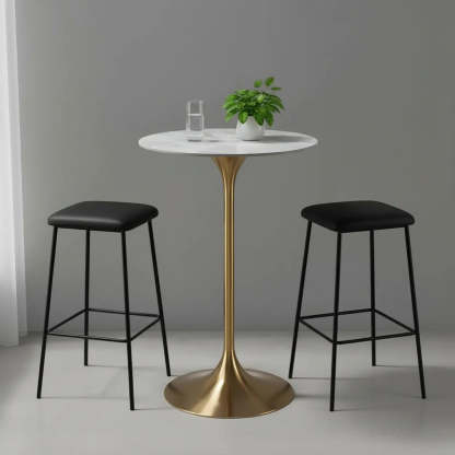 Modern Small Round Gold-Base Bar Table — White-Gray / Table Only