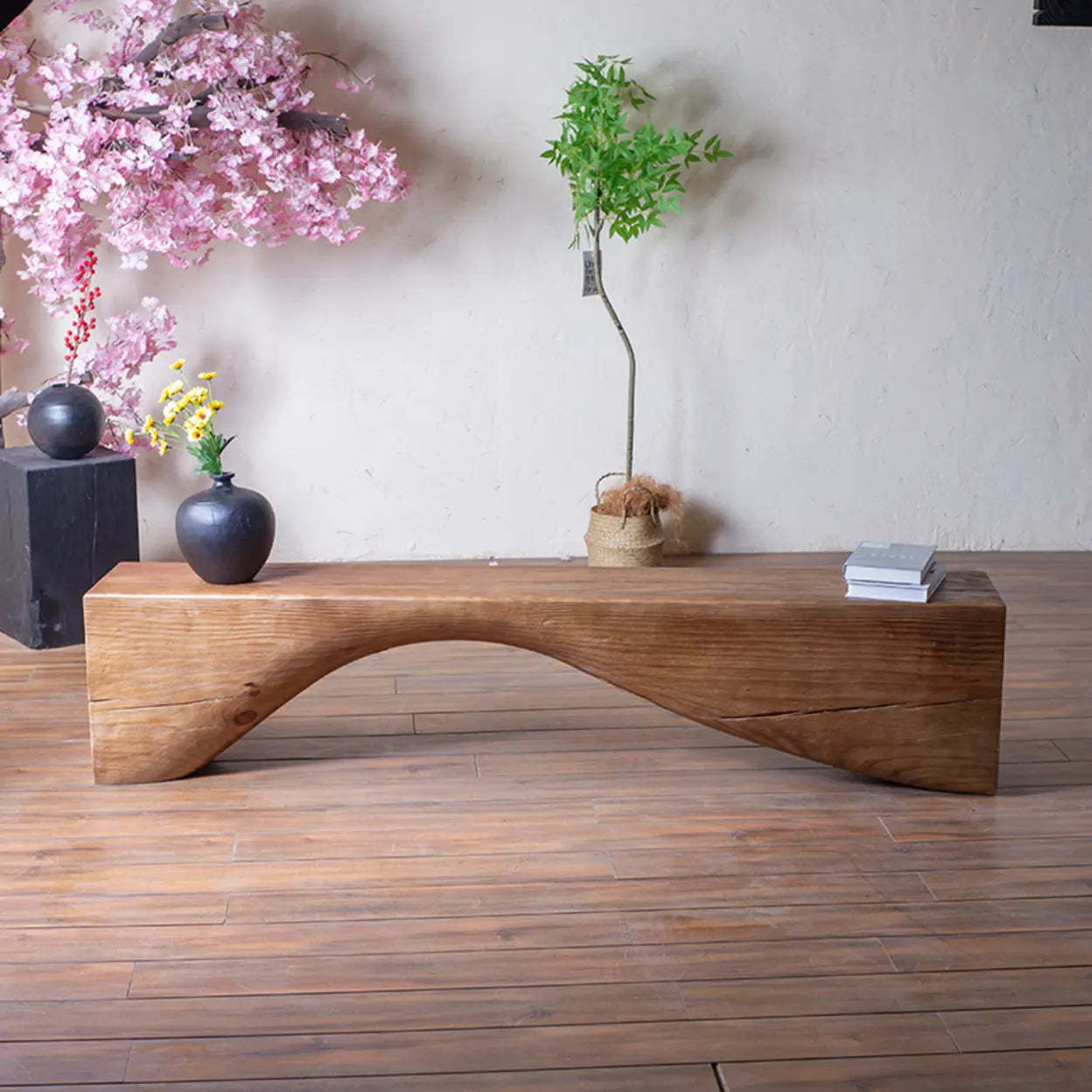 Modern Solid Wood Wave Bench — Vintage Color / Double Arch