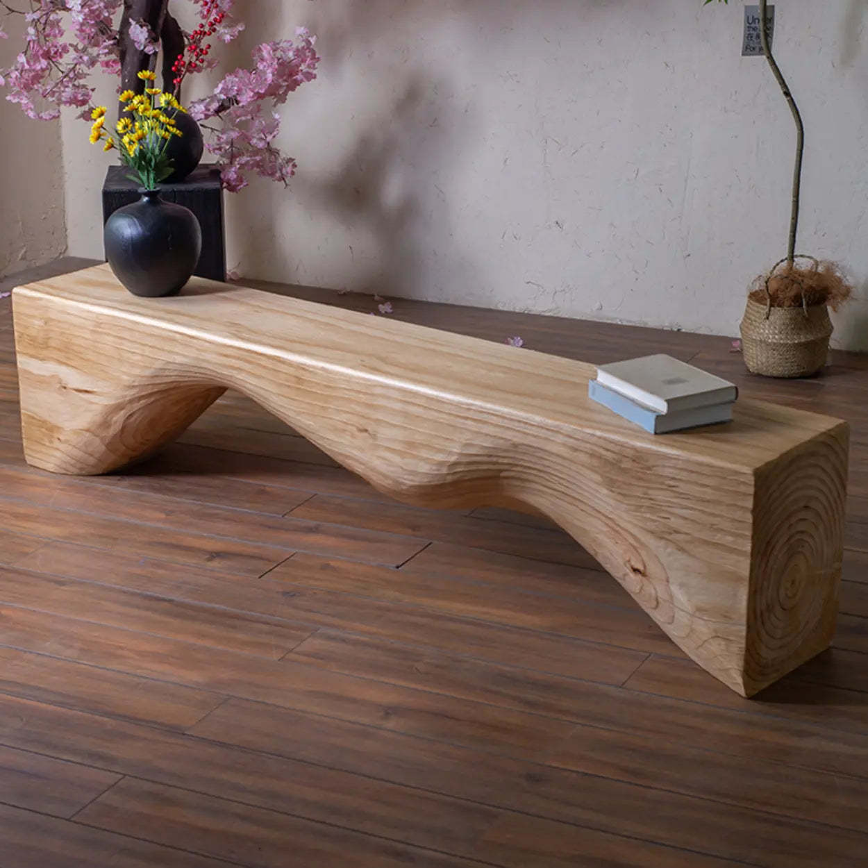 Modern Solid Wood Wave Bench — Vintage Color / Double Arch