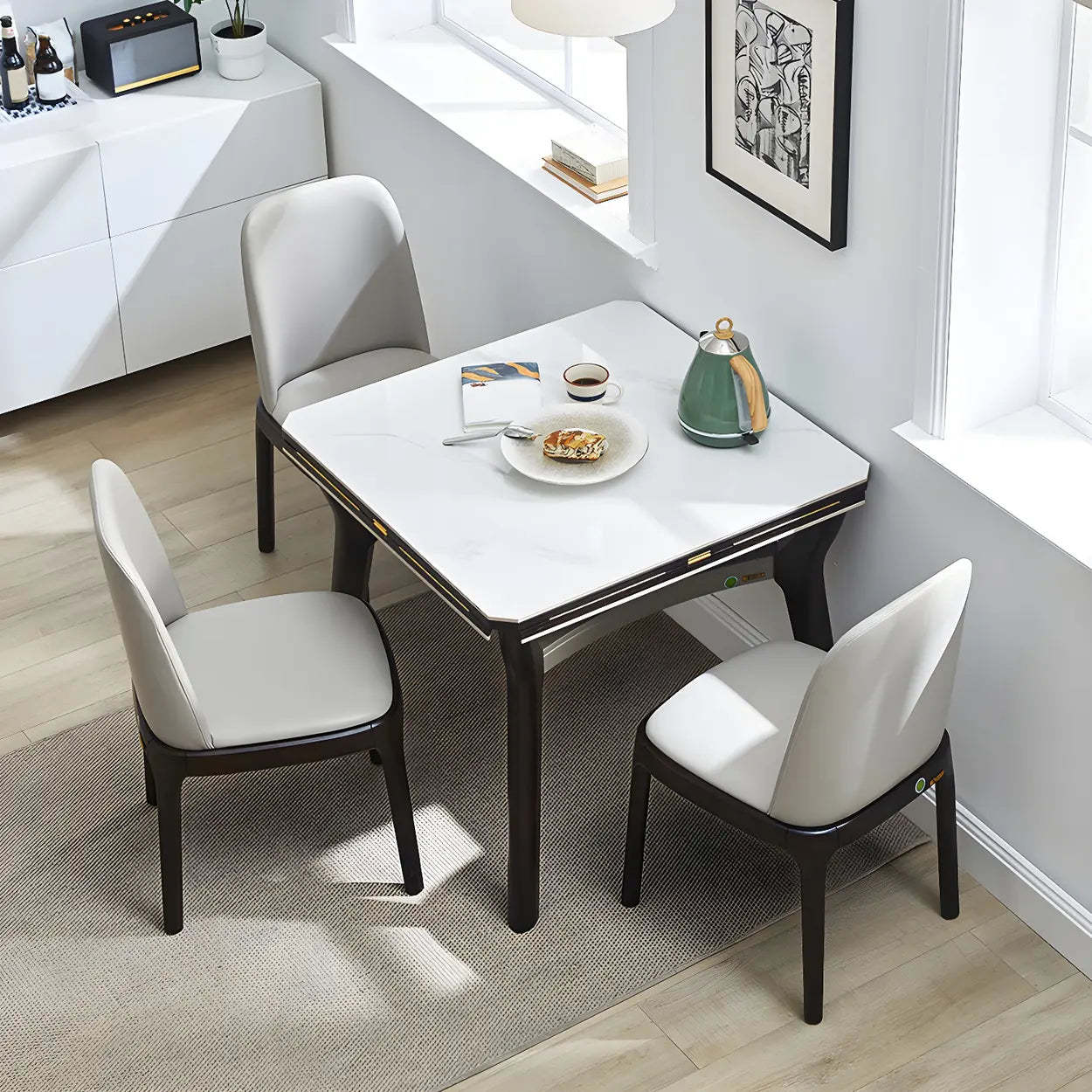Modern White Stone Foldable Square Dining Table — Table Only