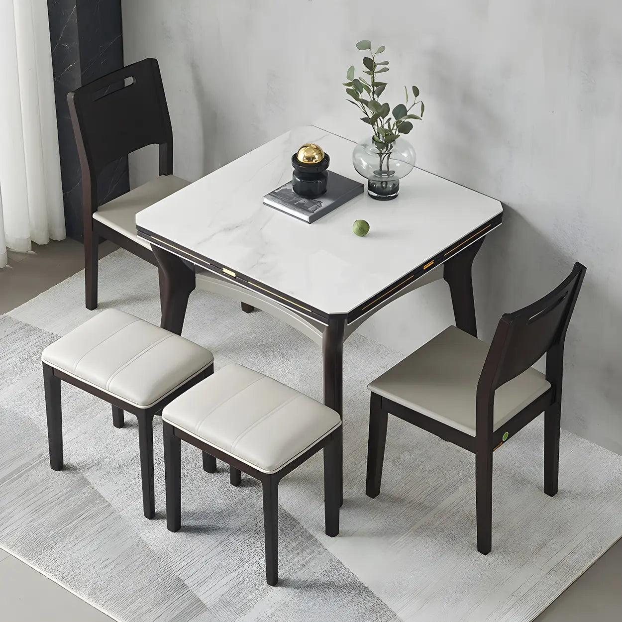 Modern White Stone Foldable Square Dining Table — Table Only
