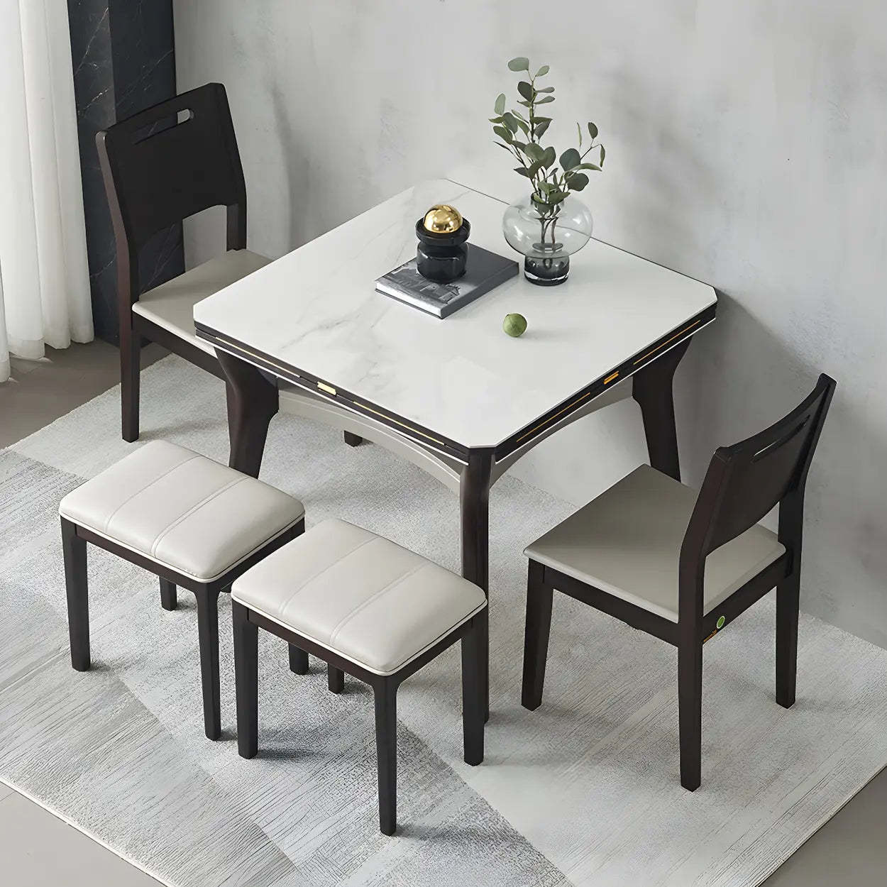 Modern White Stone Foldable Square Dining Table — Table Only