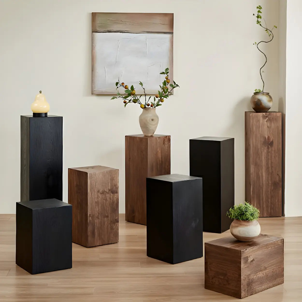 Modern Square Wood Black Brown Plant Stand — Black
