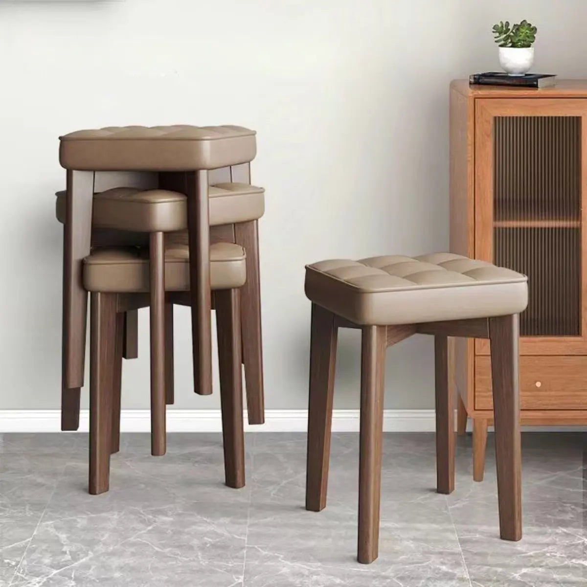Modern Square Wood Beige Upholstered Stool — Beige / Leathaire