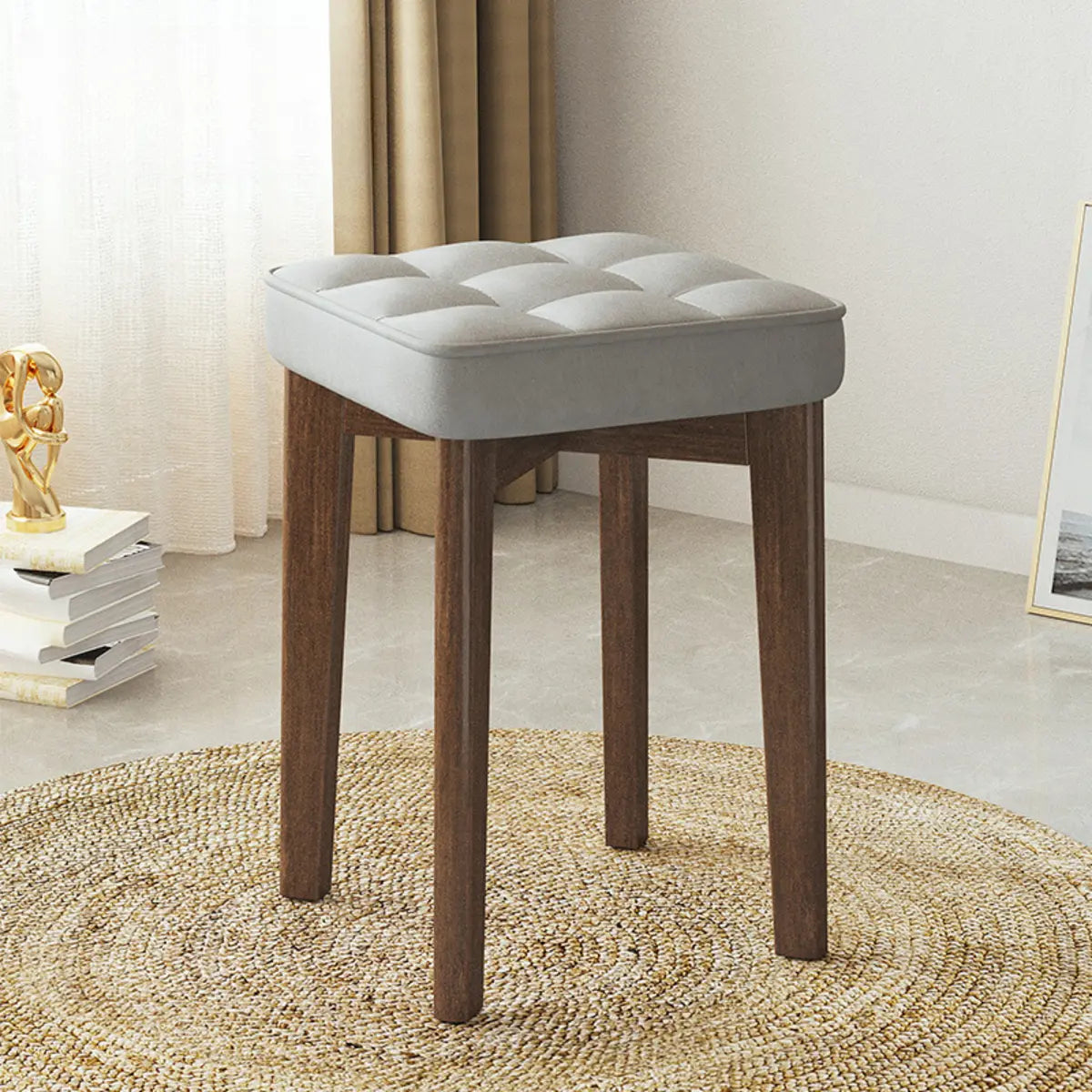 Modern Square Wood Beige Upholstered Stool