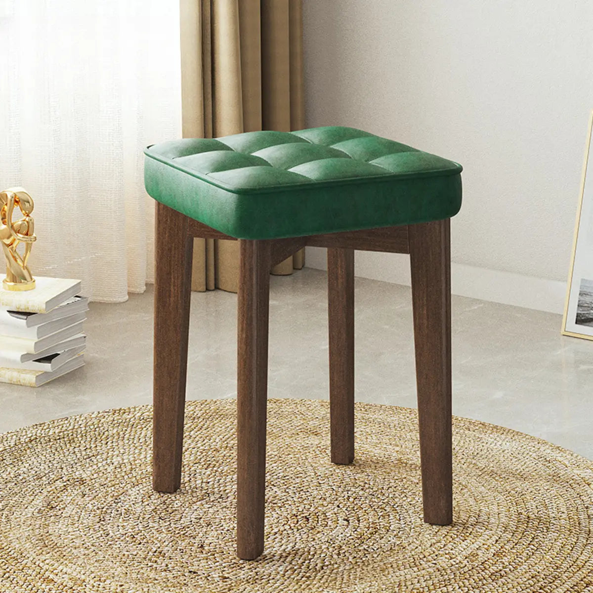 Modern Square Wood Beige Upholstered Stool