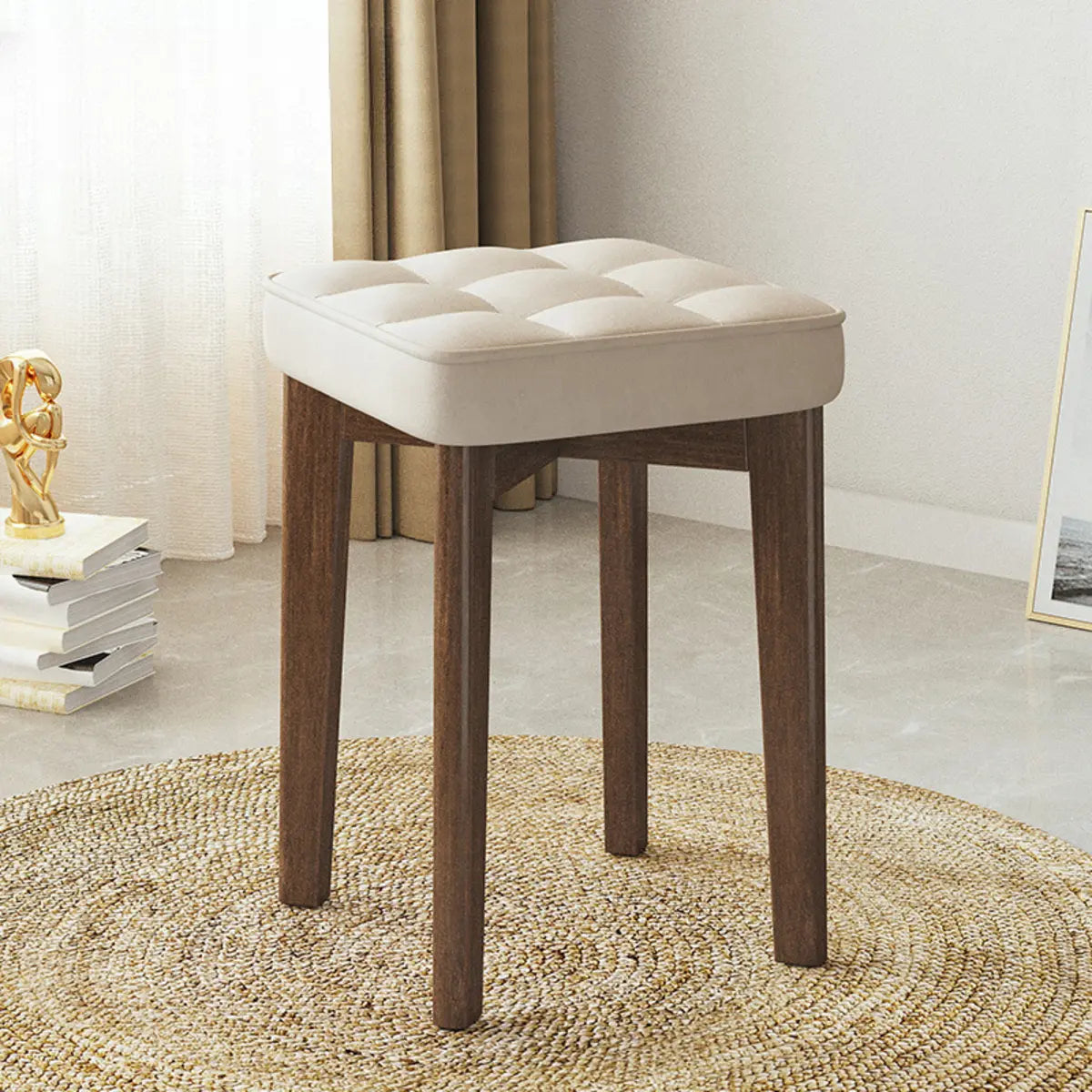 Modern Square Wood Beige Upholstered Stool