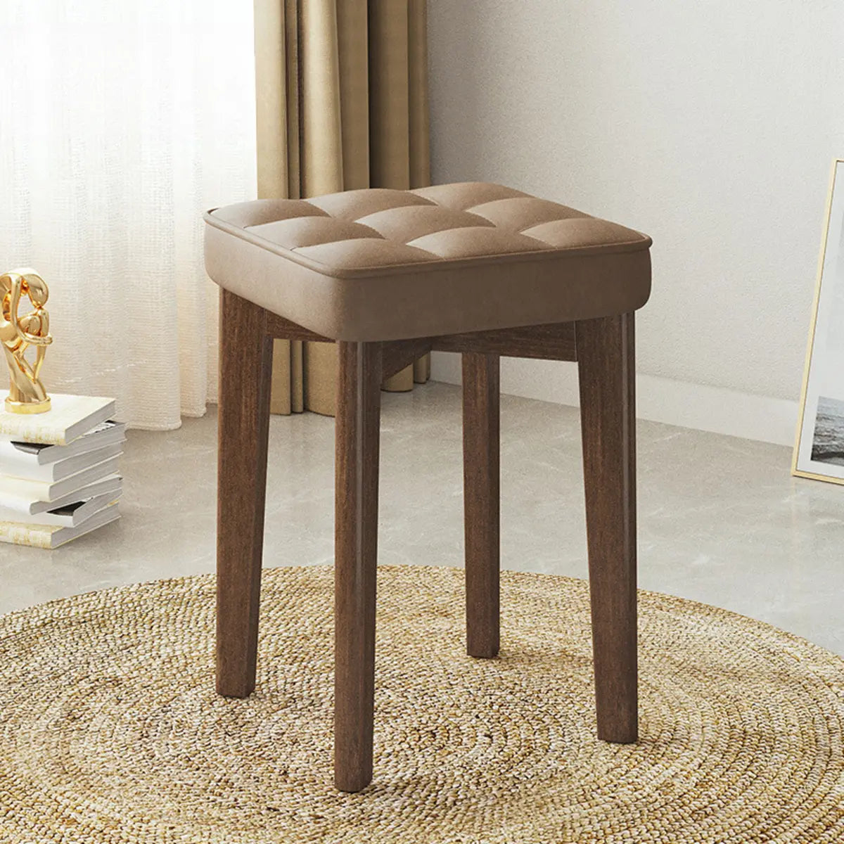 Modern Square Wood Beige Upholstered Stool