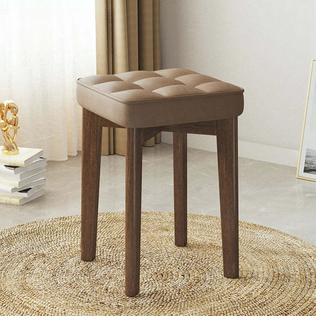 Modern Square Wood Beige Upholstered Stool