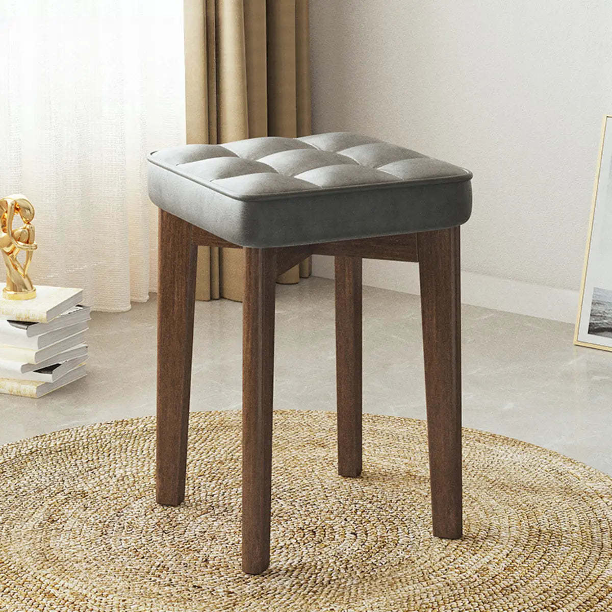 Modern Square Wood Beige Upholstered Stool