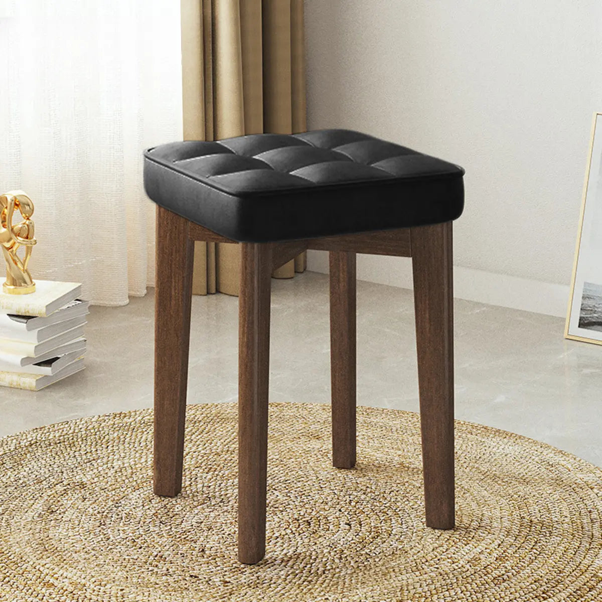 Modern Square Wood Beige Upholstered Stool