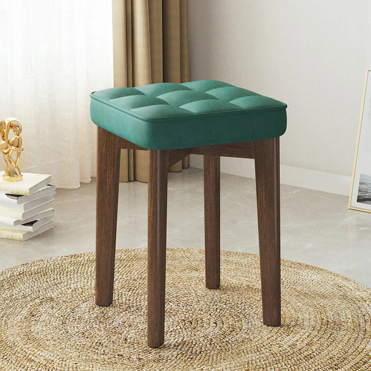 Modern Square Wood Beige Upholstered Stool — Black / Oil Wax Leather
