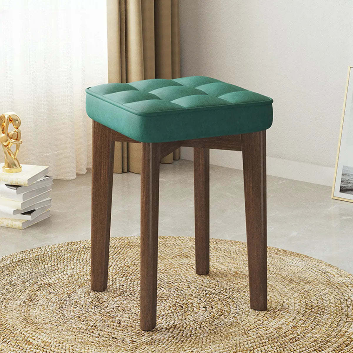 Modern Square Wood Beige Upholstered Stool — Black / Oil Wax Leather