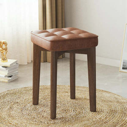 Modern Square Wood Beige Upholstered Stool — Blue / Oil Wax Leather