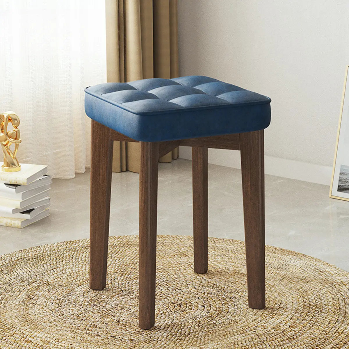 Modern Square Wood Beige Upholstered Stool — Champagne / Leathaire