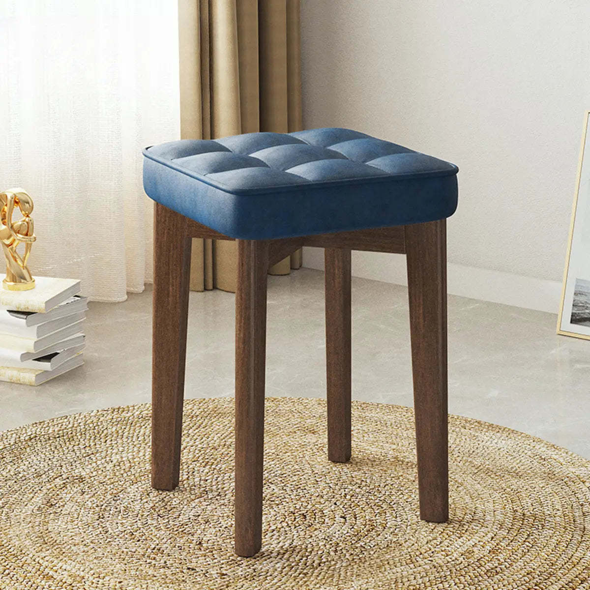 Modern Square Wood Beige Upholstered Stool — Champagne / Leathaire