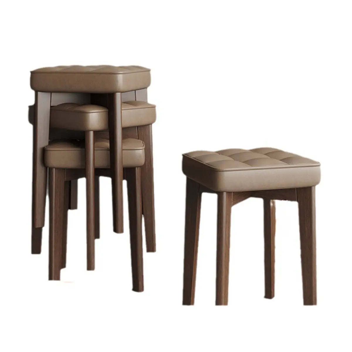 Modern Square Wood Beige Upholstered Stool — Dark Green / Leathaire