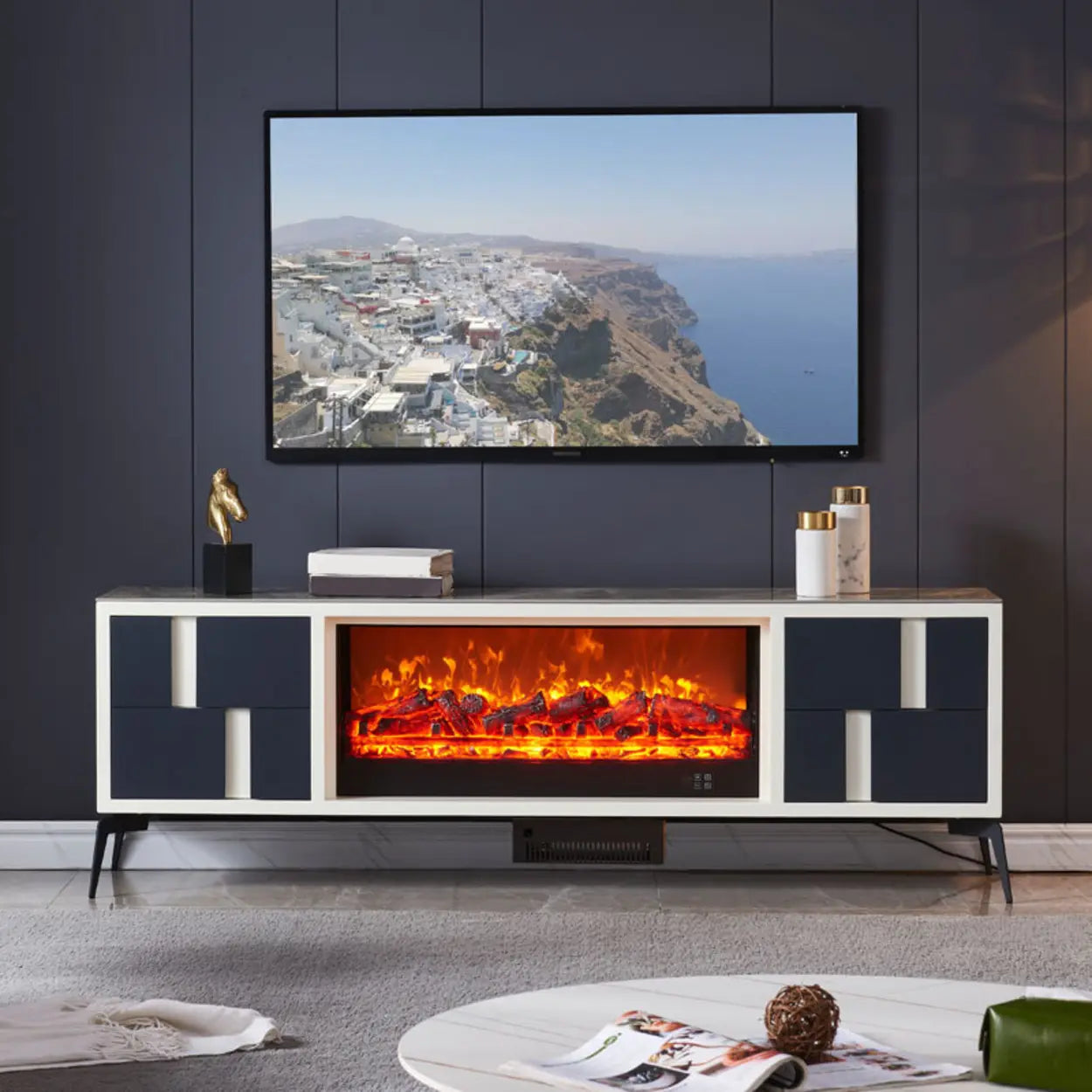 Modern Stone TV Stand with Fireplace