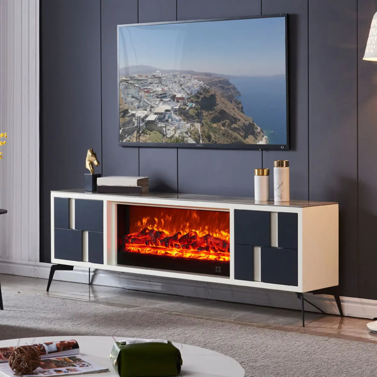 Modern Stone TV Stand with Fireplace