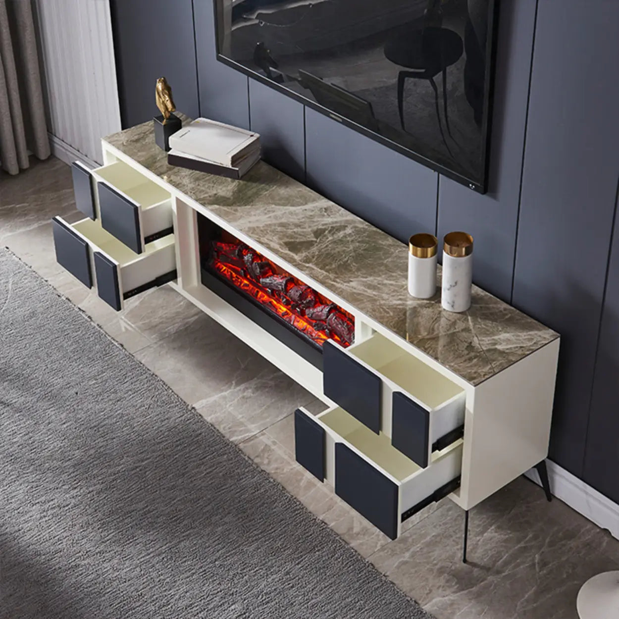 Modern Stone TV Stand with Fireplace