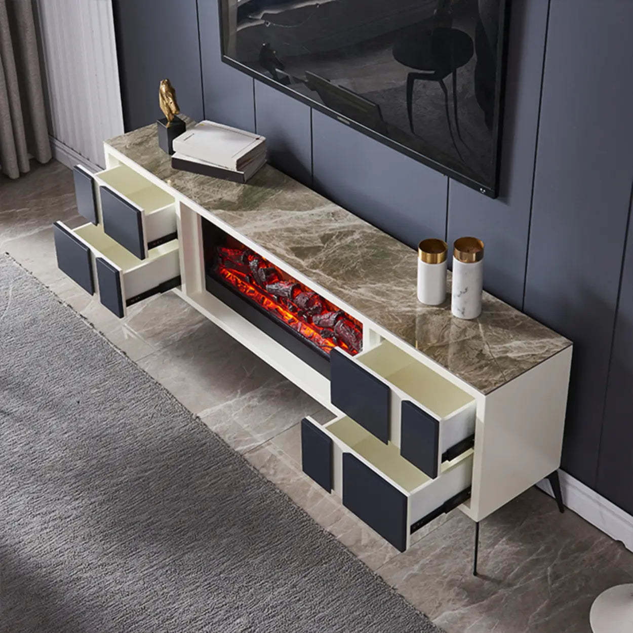 Modern Stone TV Stand with Fireplace