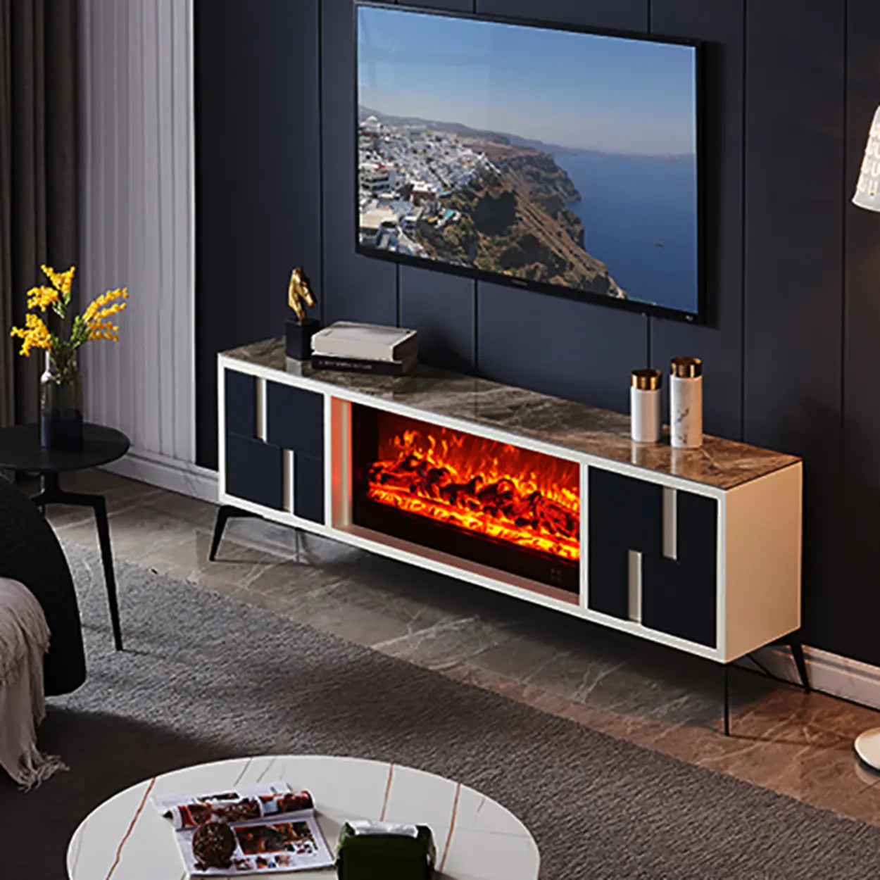 Modern Stone TV Stand with Fireplace
