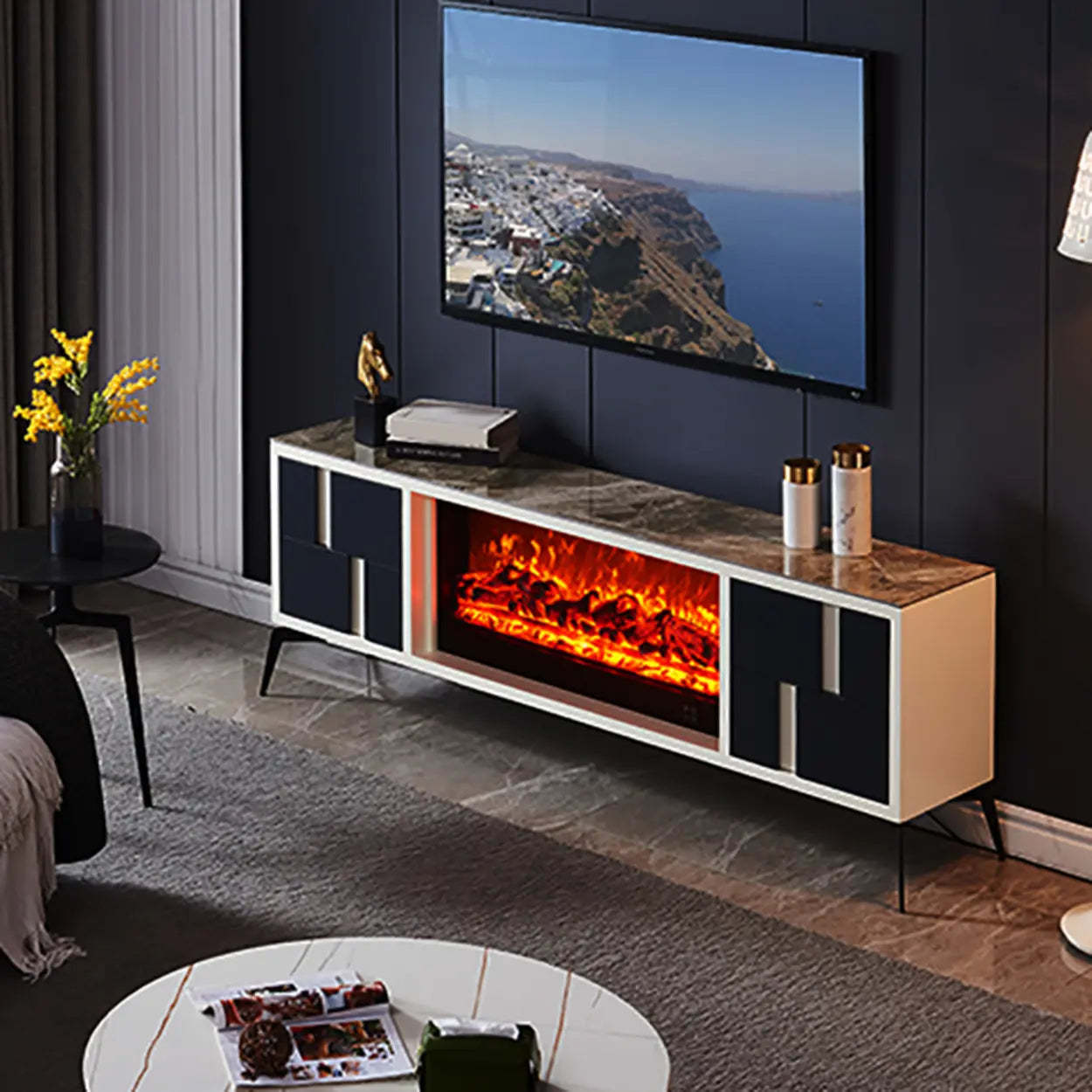 Modern Stone TV Stand with Fireplace