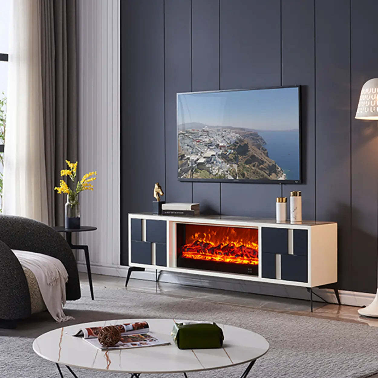 Modern Stone TV Stand with Fireplace