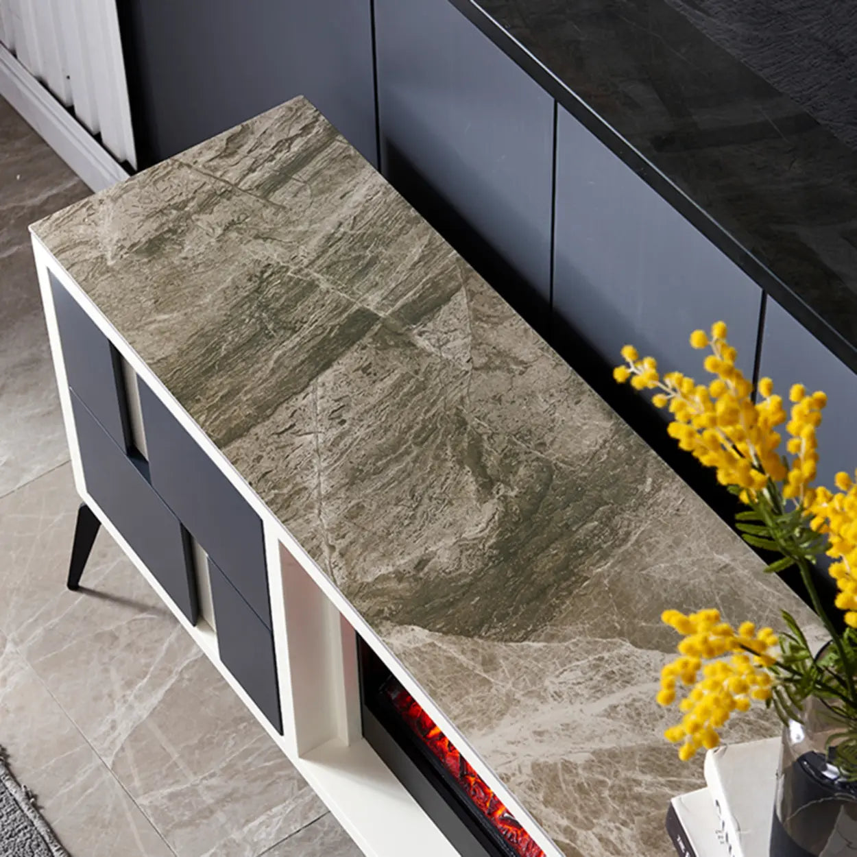 Modern Stone TV Stand with Fireplace
