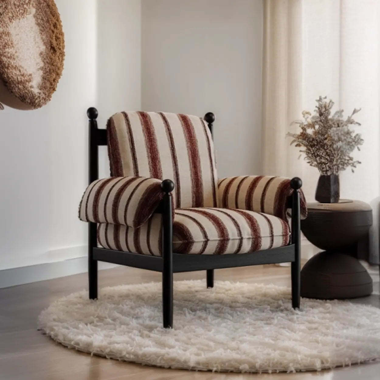 Modern Striped Brown Armrest Chair with Slipcover — Black and White