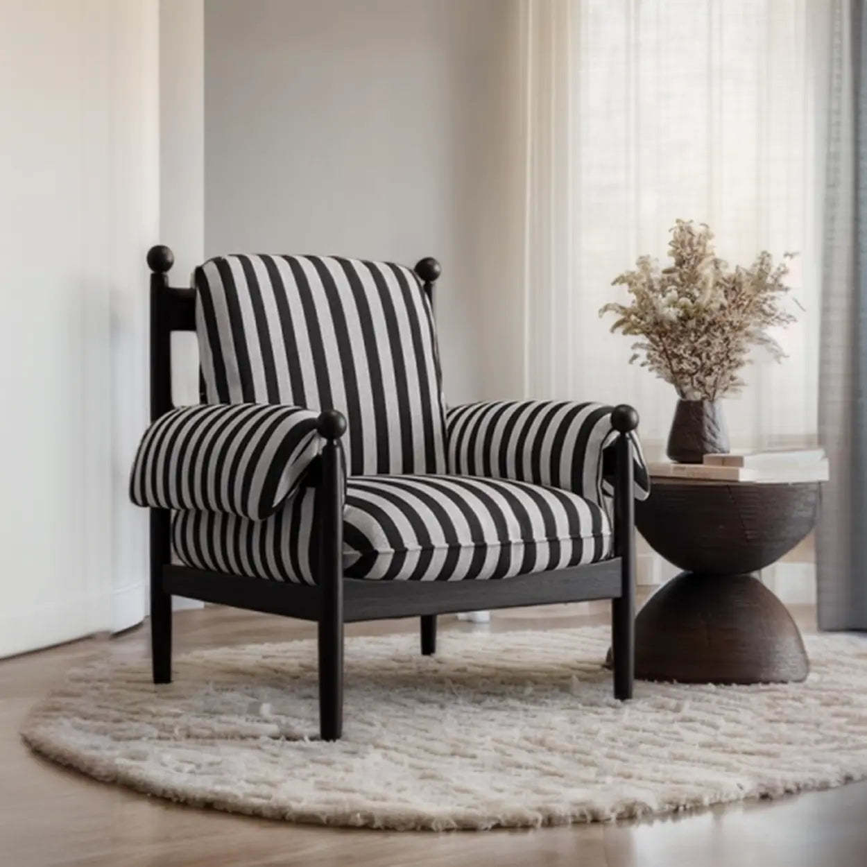 Modern Striped Brown Armrest Chair with Slipcover — Blue-White