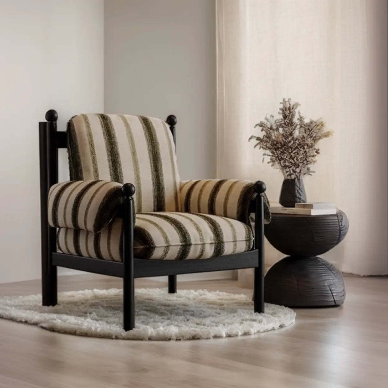 Modern Striped Brown Armrest Chair with Slipcover — Green-White