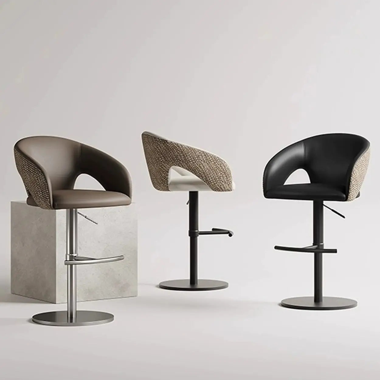 Modern Swivel Brown Leather Bucket Bar Stool — Black / Black