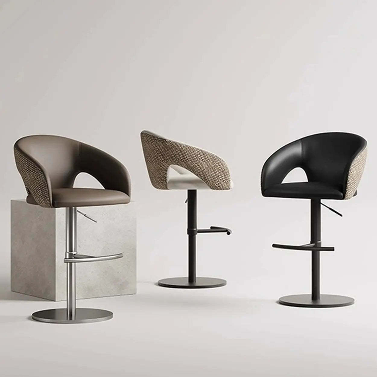 Modern Swivel Brown Leather Bucket Bar Stool — Black / Black
