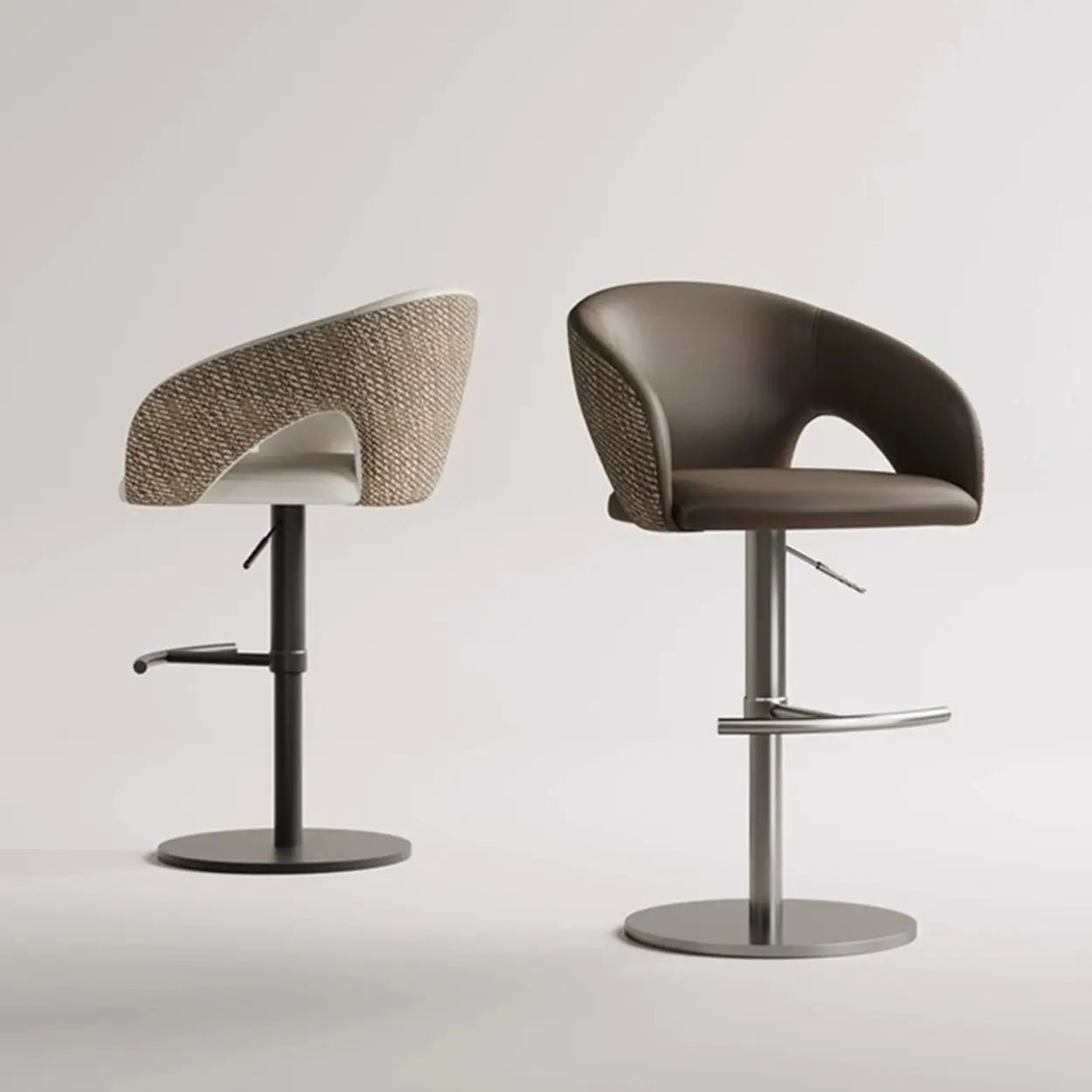 Modern Swivel Brown Leather Bucket Bar Stool — Silver / Black