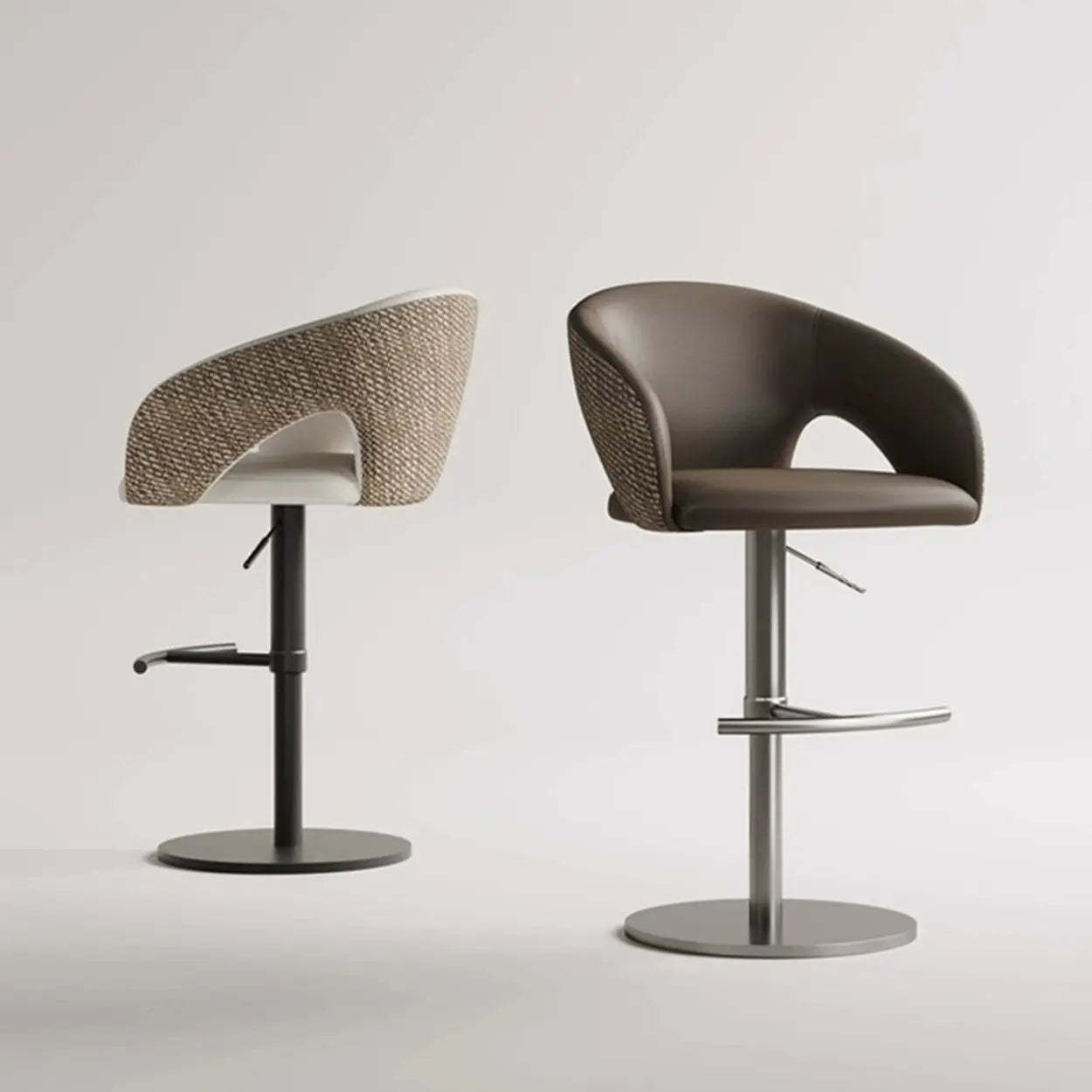 Modern Swivel Brown Leather Bucket Bar Stool — Silver / Black