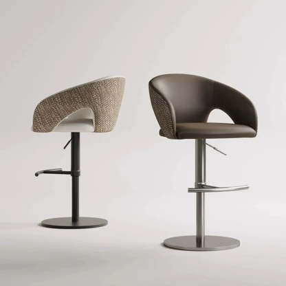 Modern Swivel Brown Leather Bucket Bar Stool — Silver / Black