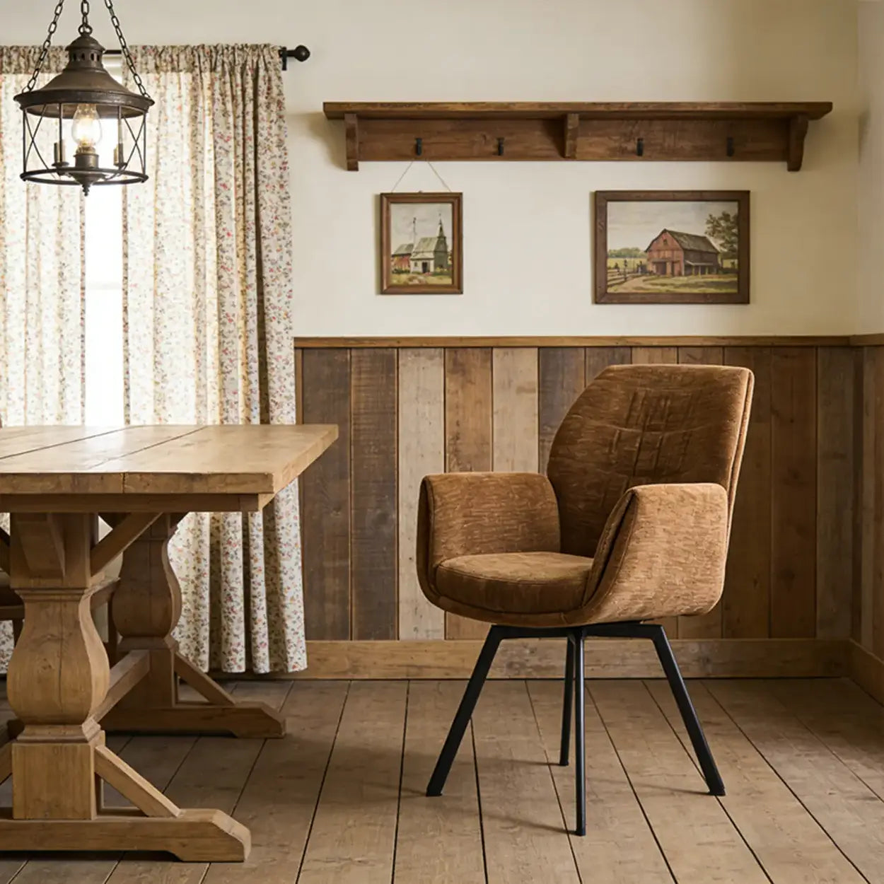 Modern Brown Chenille Curved-Back Swivel Dining Arm Chairs — Brown