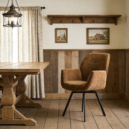 Modern Brown Chenille Curved-Back Swivel Dining Arm Chairs — Brown