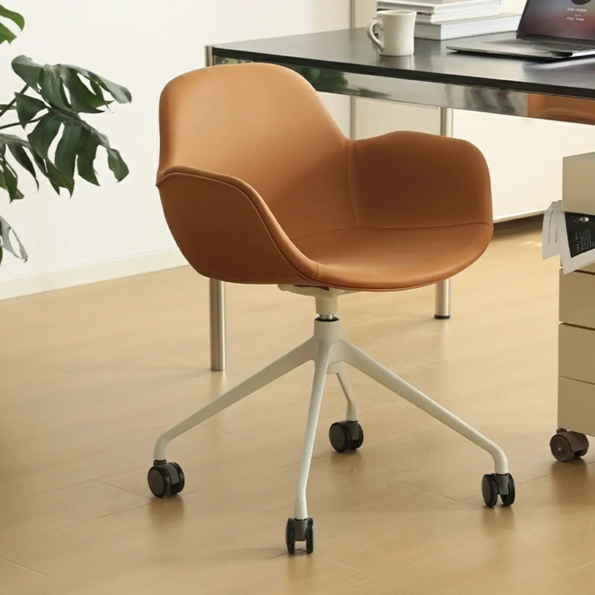 Modern Brown Leather Metal-Base Swivel Chair
