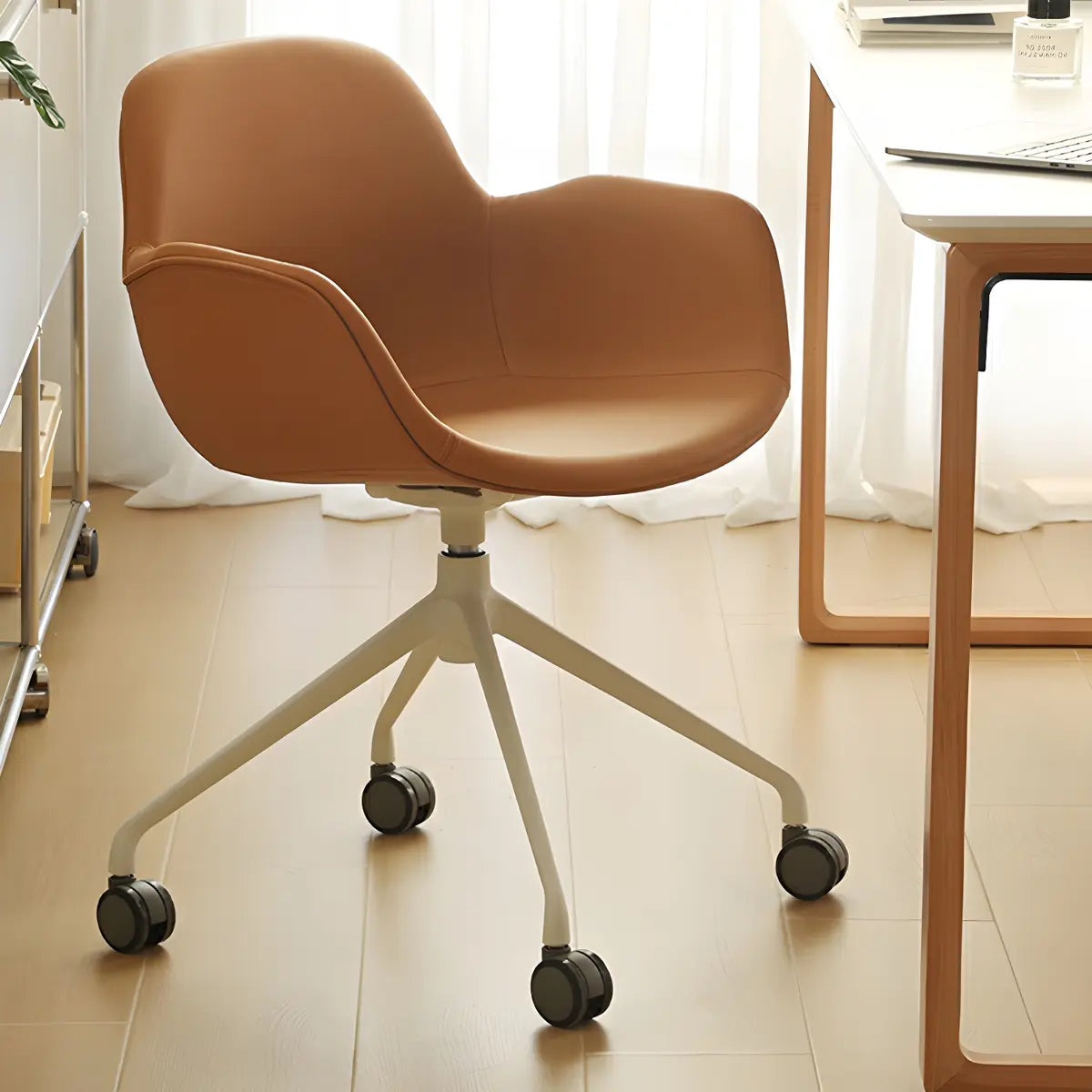 Modern Brown Leather Metal-Base Swivel Chair — Brown