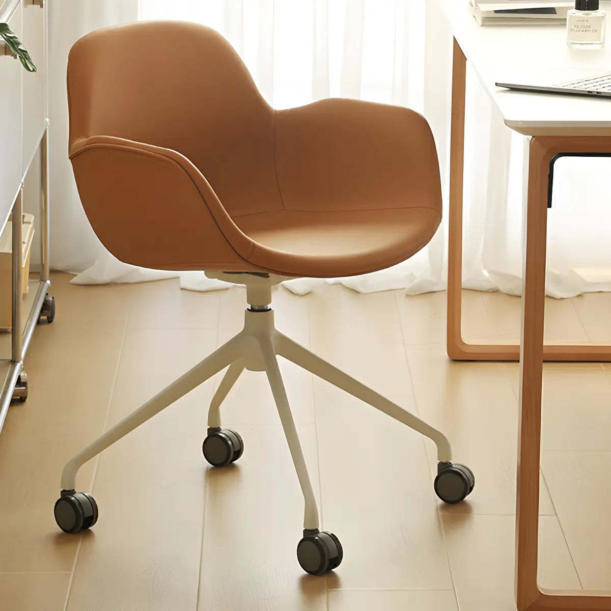 Modern Brown Leather Metal-Base Swivel Chair — Brown
