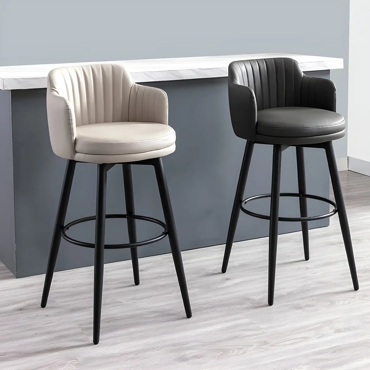 Modern Swivel PU Leather Low-Back Bar Stool — 1 Piece / Black