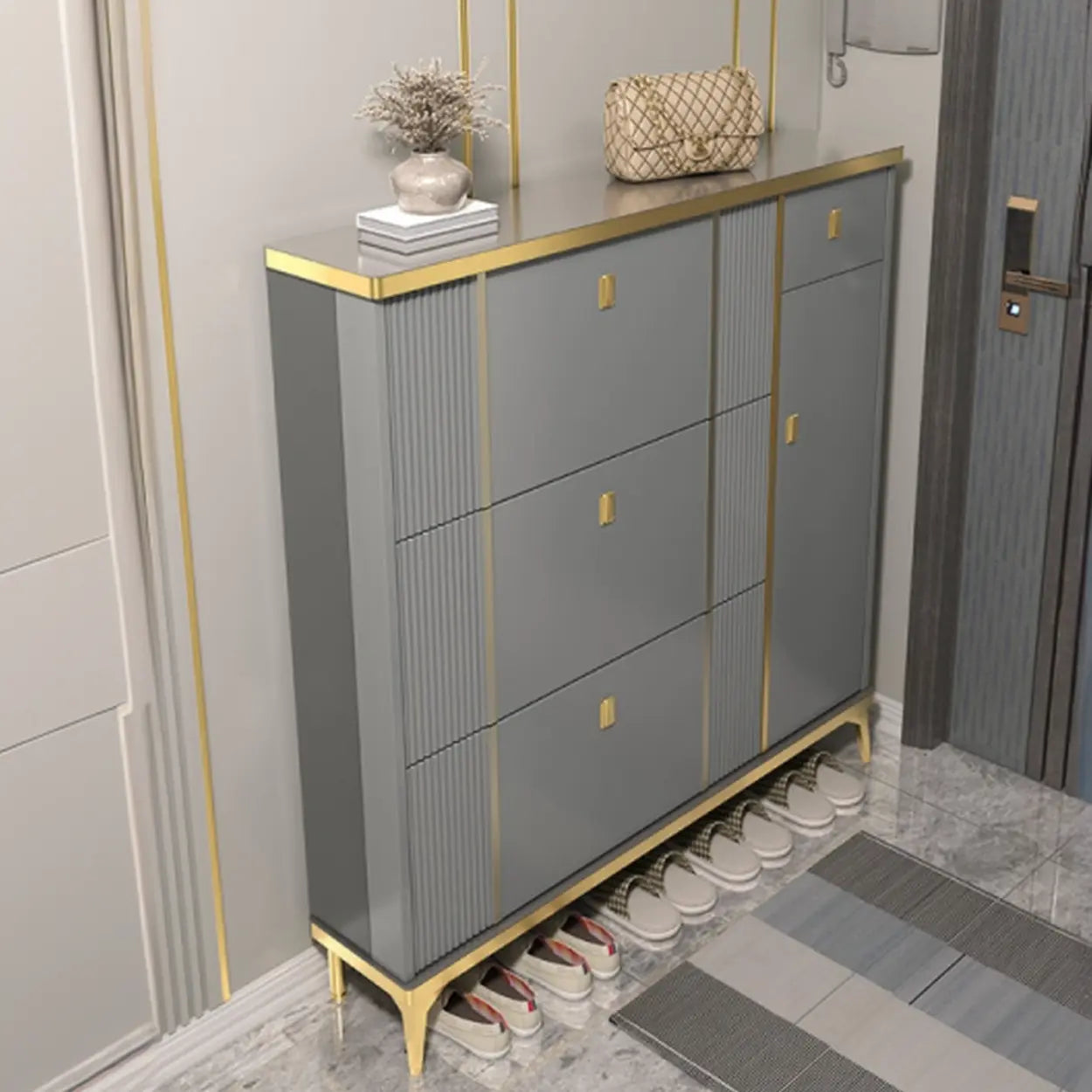 Modern Tall Gray Metal Hallway Shoe Cabinet