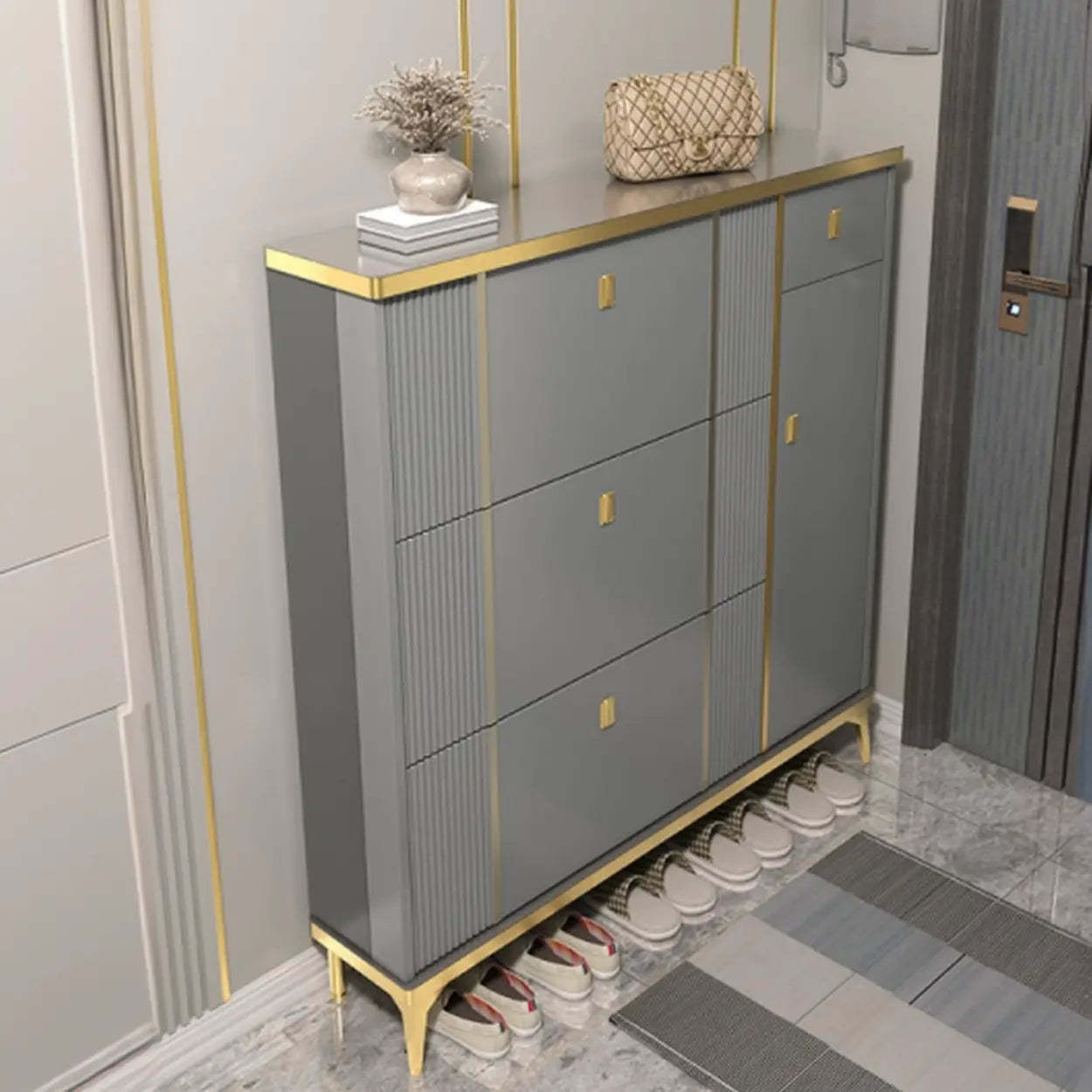 Modern Tall Gray Metal Hallway Shoe Cabinet — White