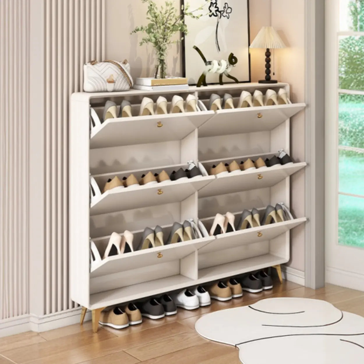 Modern Tall White Wood Hallway Shoe Cabinet