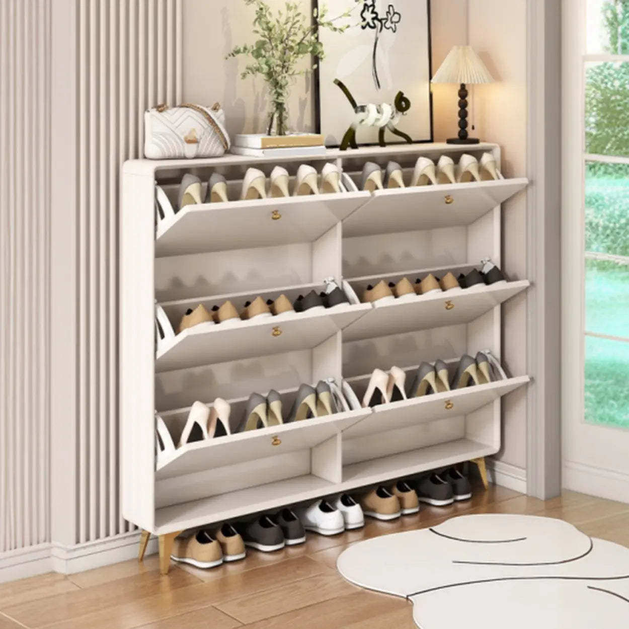 Modern Tall White Wood Hallway Shoe Cabinet