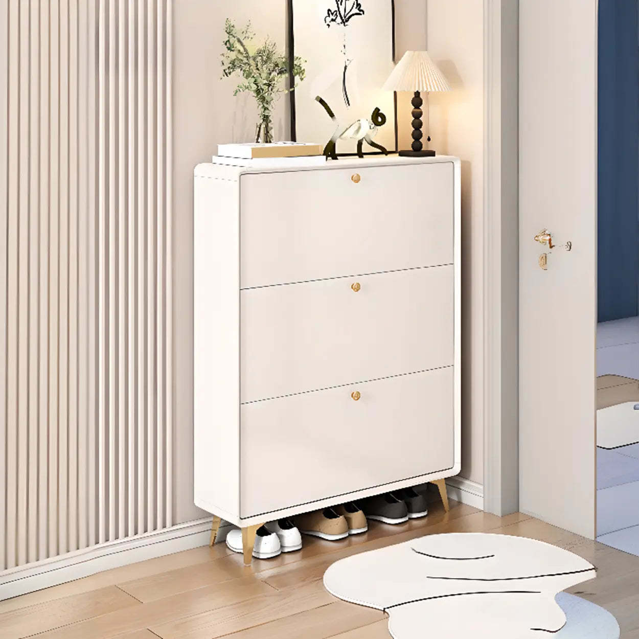 Modern Tall White Wood Hallway Shoe Cabinet